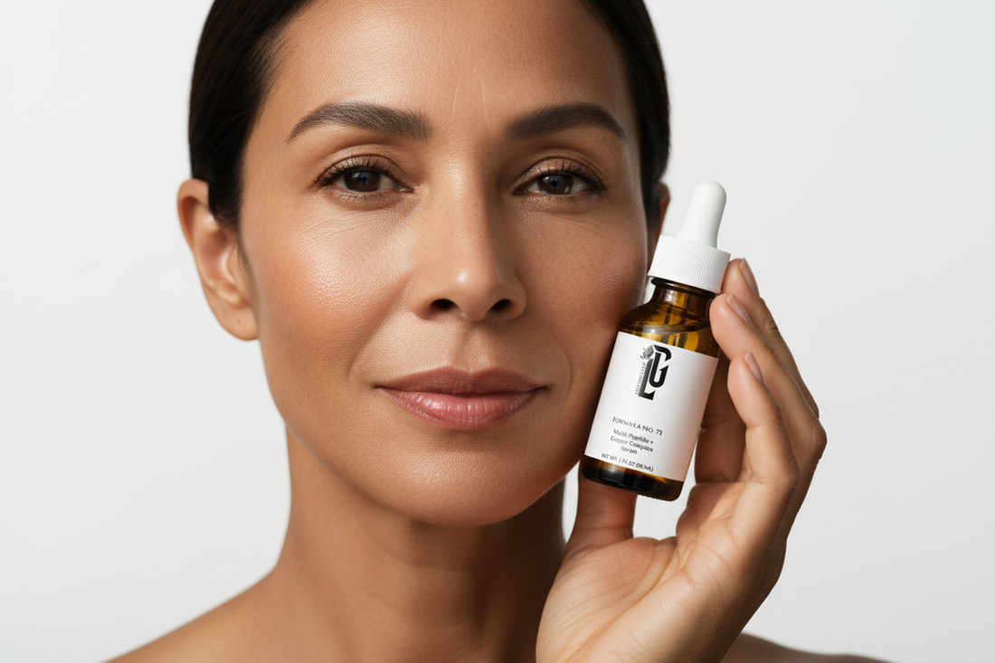 Mature woman with radiant unretouched skin holding Formula No. 71 Multi-Peptide + Copper Complex Serum close to her face, demonstrating Skinimalism and skin longevity principles