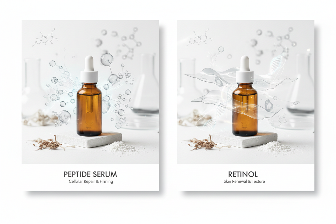 Split comparison showing peptide and retinol skincare ingredients with amber serum bottles, illustrating a formulator's perspective on choosing between peptides and retinol for skin longevity