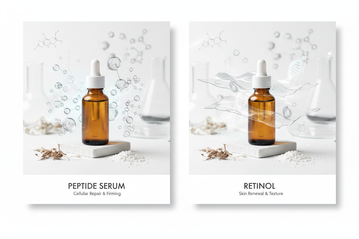 Split comparison showing peptide and retinol skincare ingredients with amber serum bottles, illustrating a formulator's perspective on choosing between peptides and retinol for skin longevity