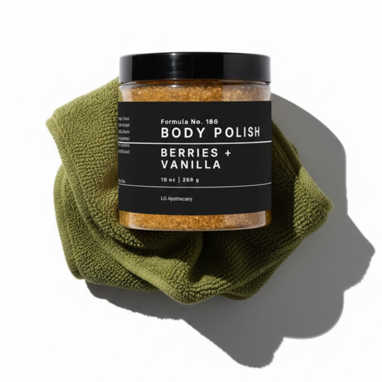 flat lay of lg apothecary berries and vanilla body polish