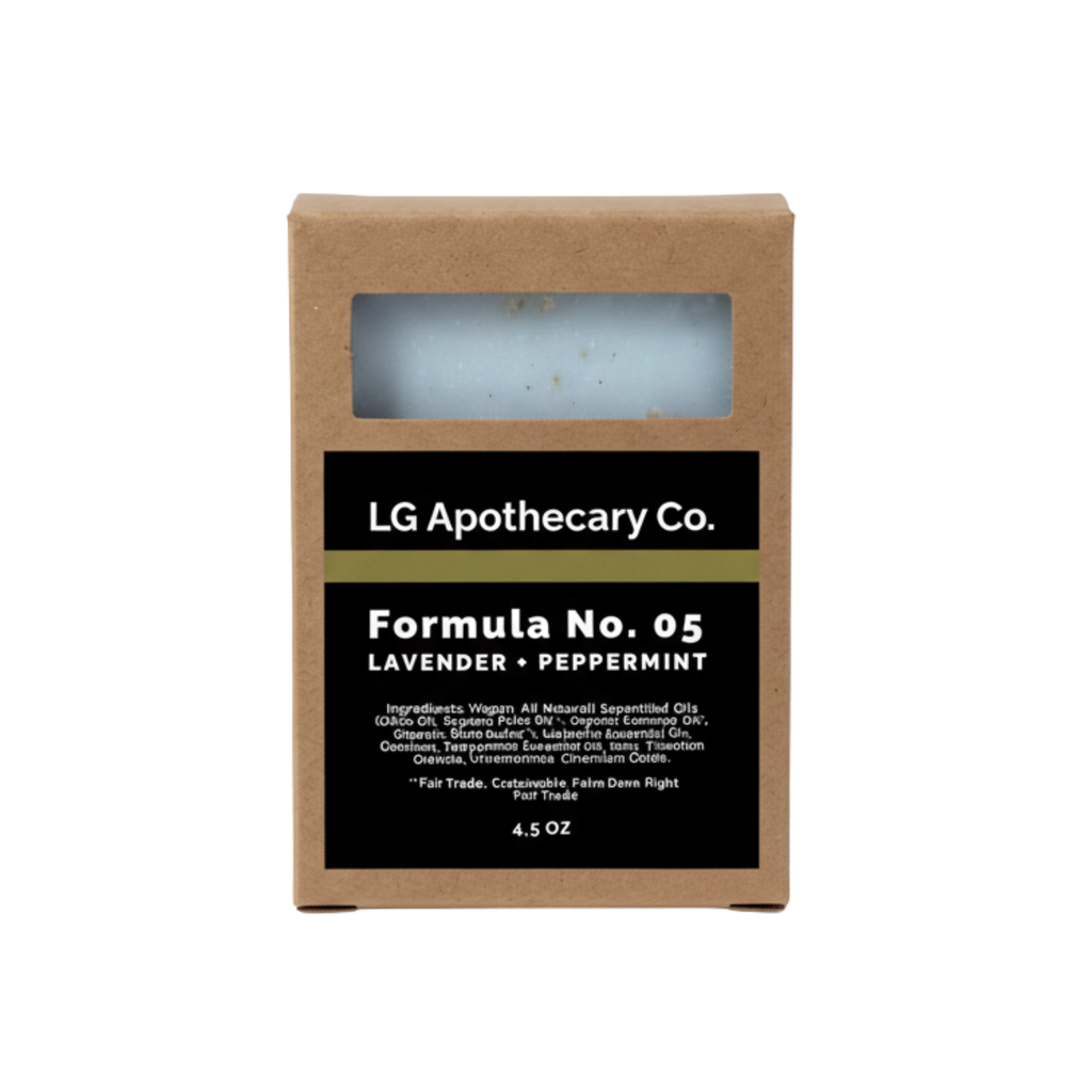 LG Apothecary Co. soap bar in a brown cardboard box on a white background