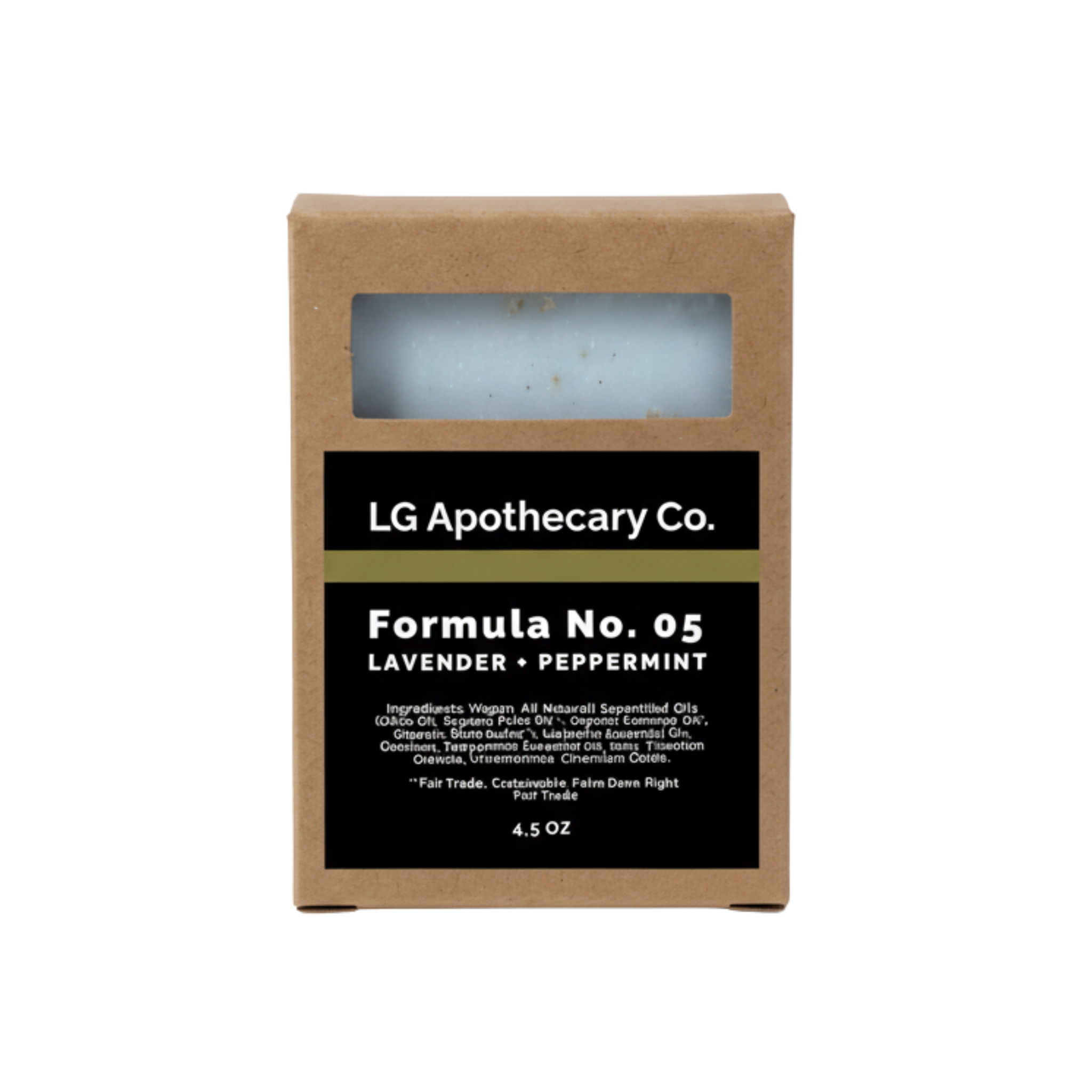 LG Apothecary Co. soap bar in a brown cardboard box on a white background