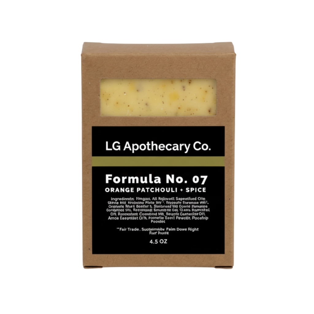 LG Apothecary Co soap bar in a cardboard box on a white background
