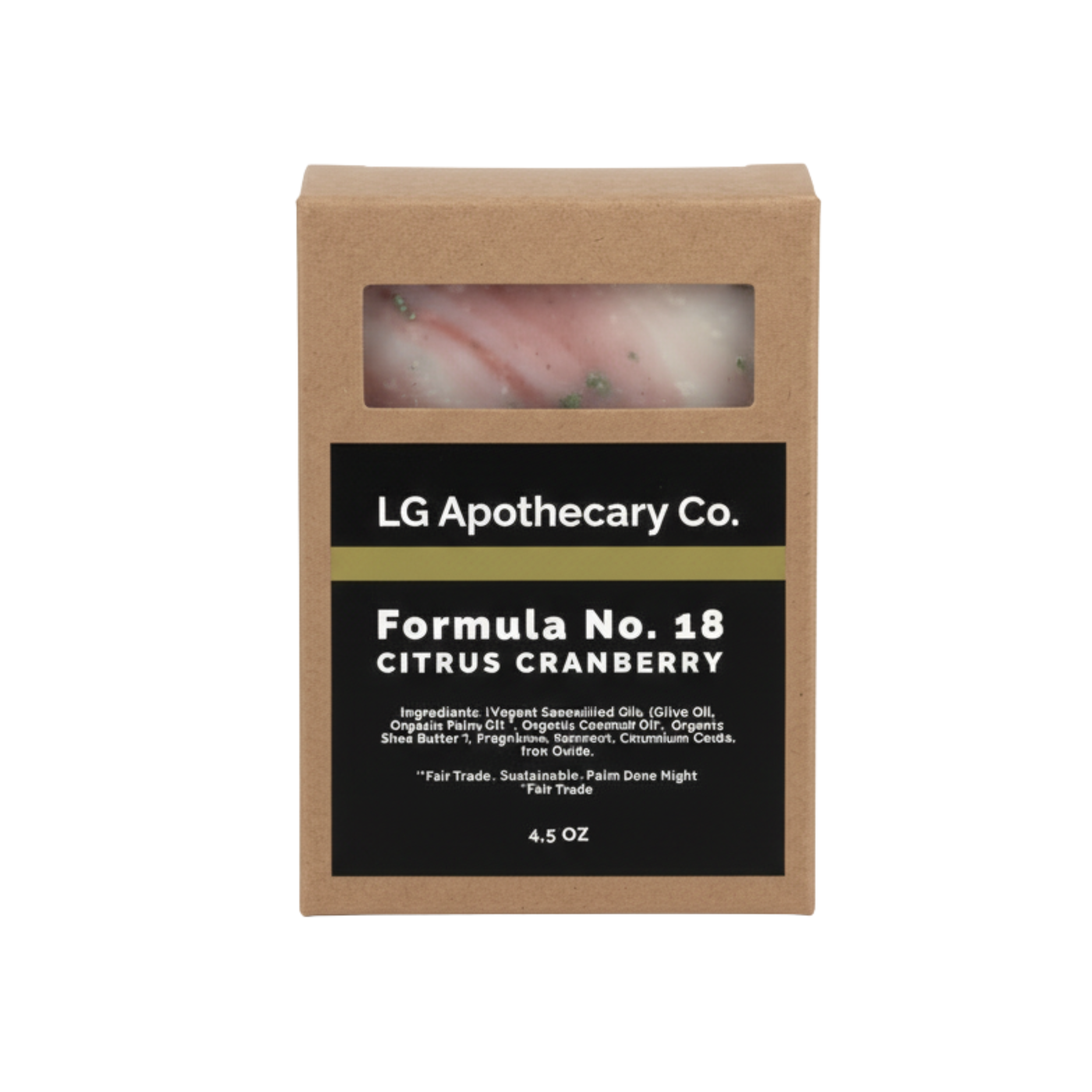 LG Apothecary Co. soap bar packaging with visible branding and product name.