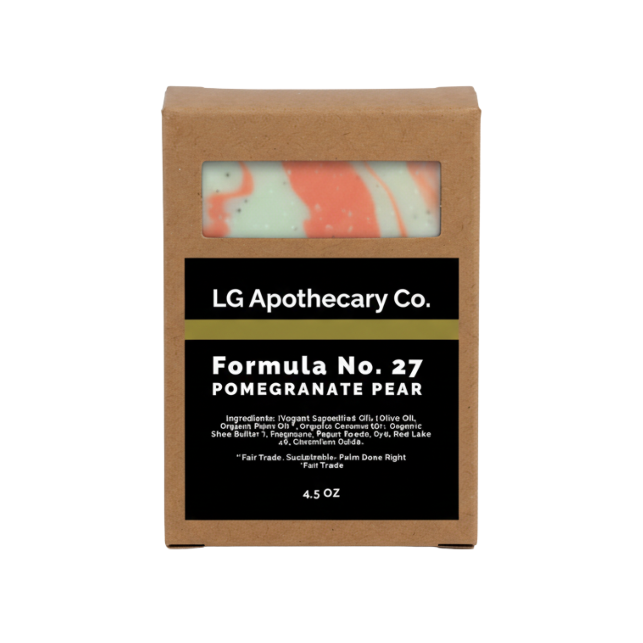 LG Apothecary Co. soap bar in packaging with 'Formula No. 27 Pomegranate Pear' text.