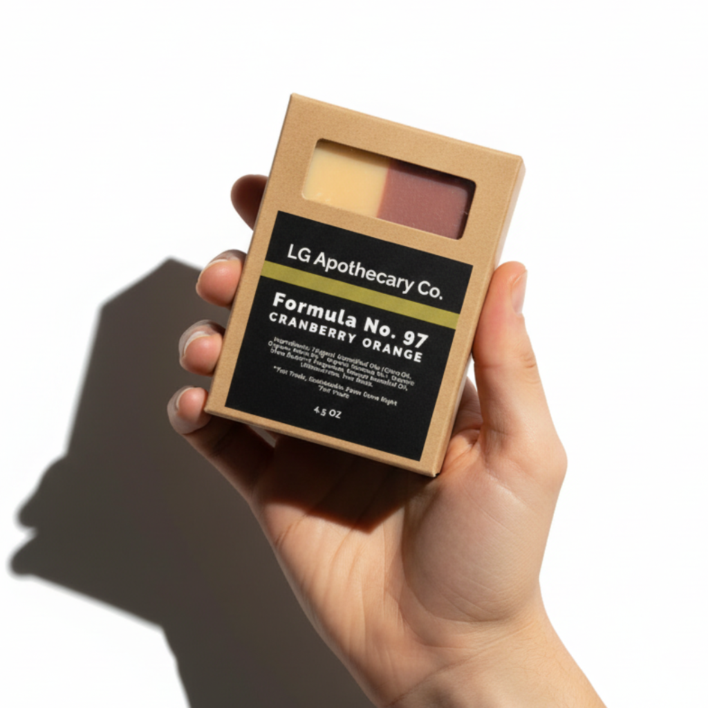 LG Apothecary Co. Formula No. 97 Cranberry Orange soap bar in packaging on a white background