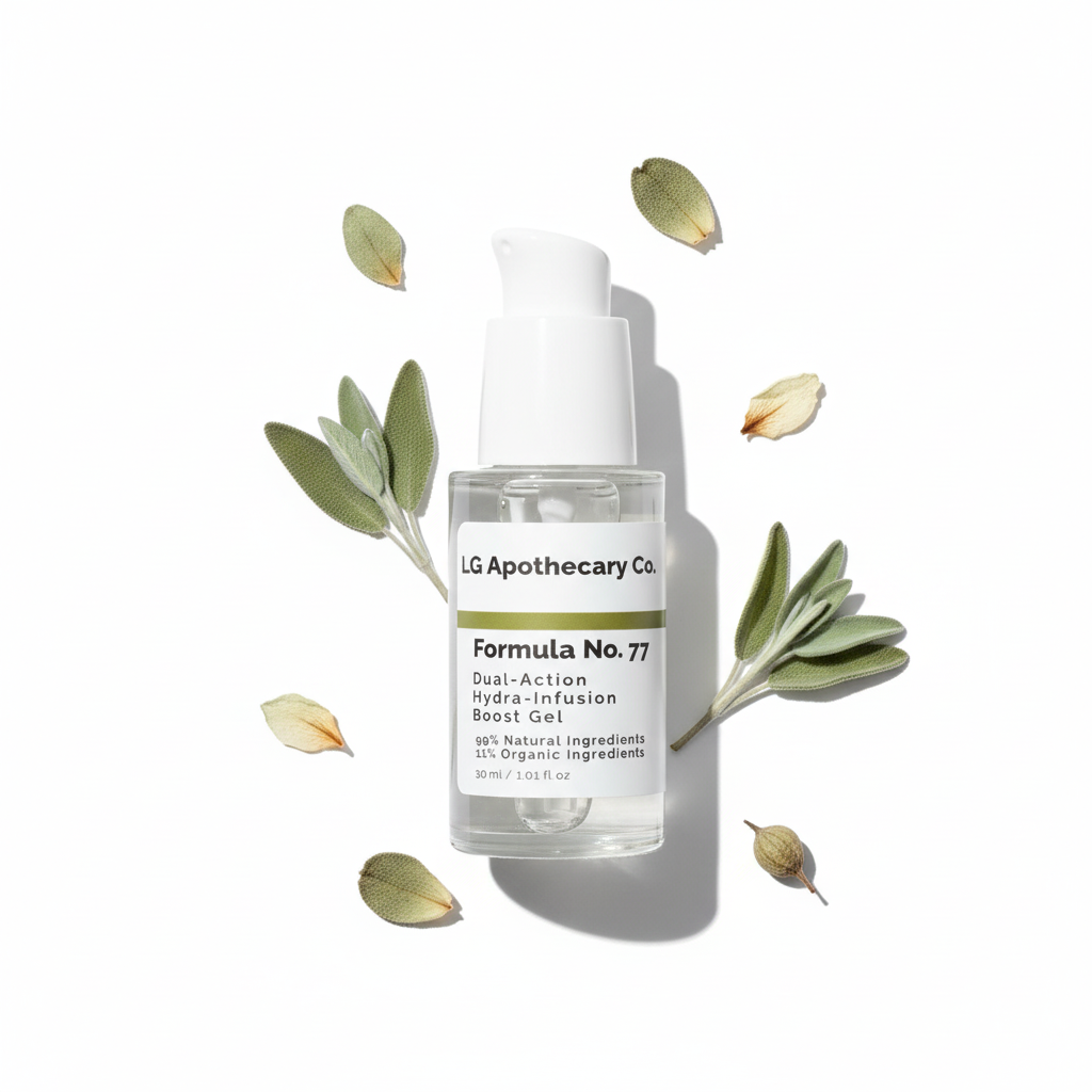 LG Apothecary Co. Formula No. 77 skincare bottle with leaves on a white background