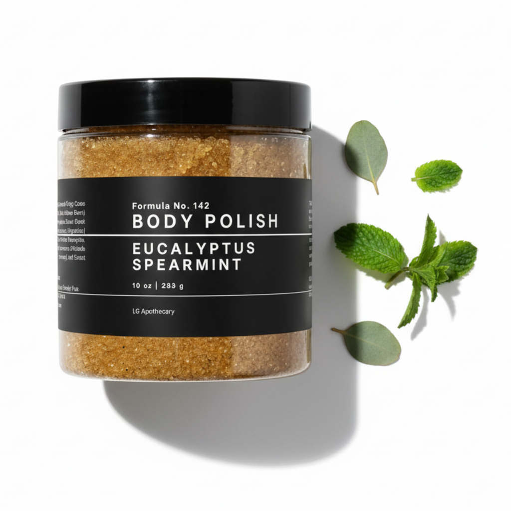 Jar of body polish with eucalyptus spearmint scent on a white background