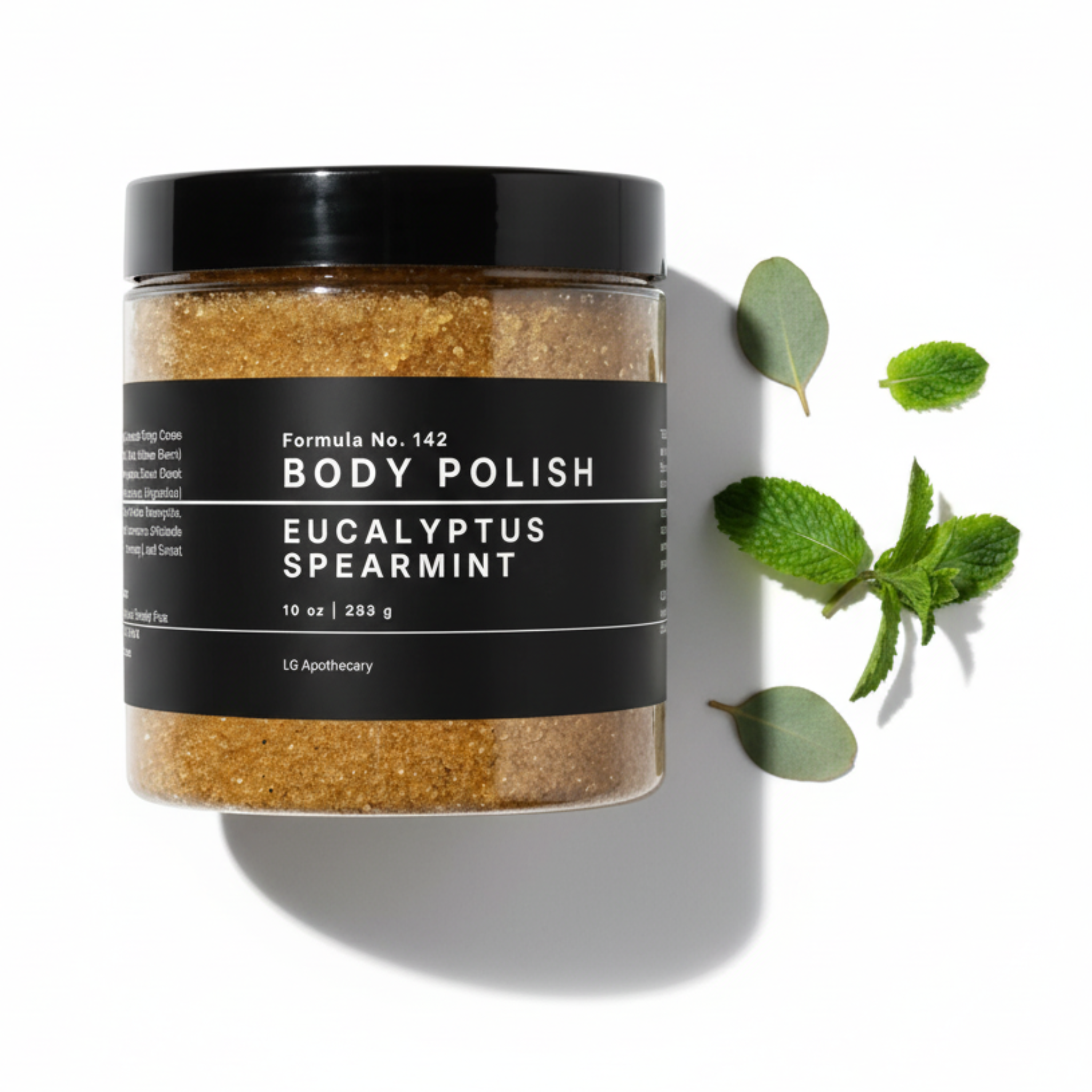 Jar of body polish with eucalyptus spearmint scent on a white background