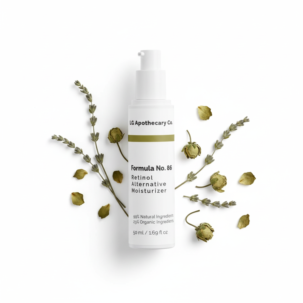 Skincare bottle with plant elements on a white background