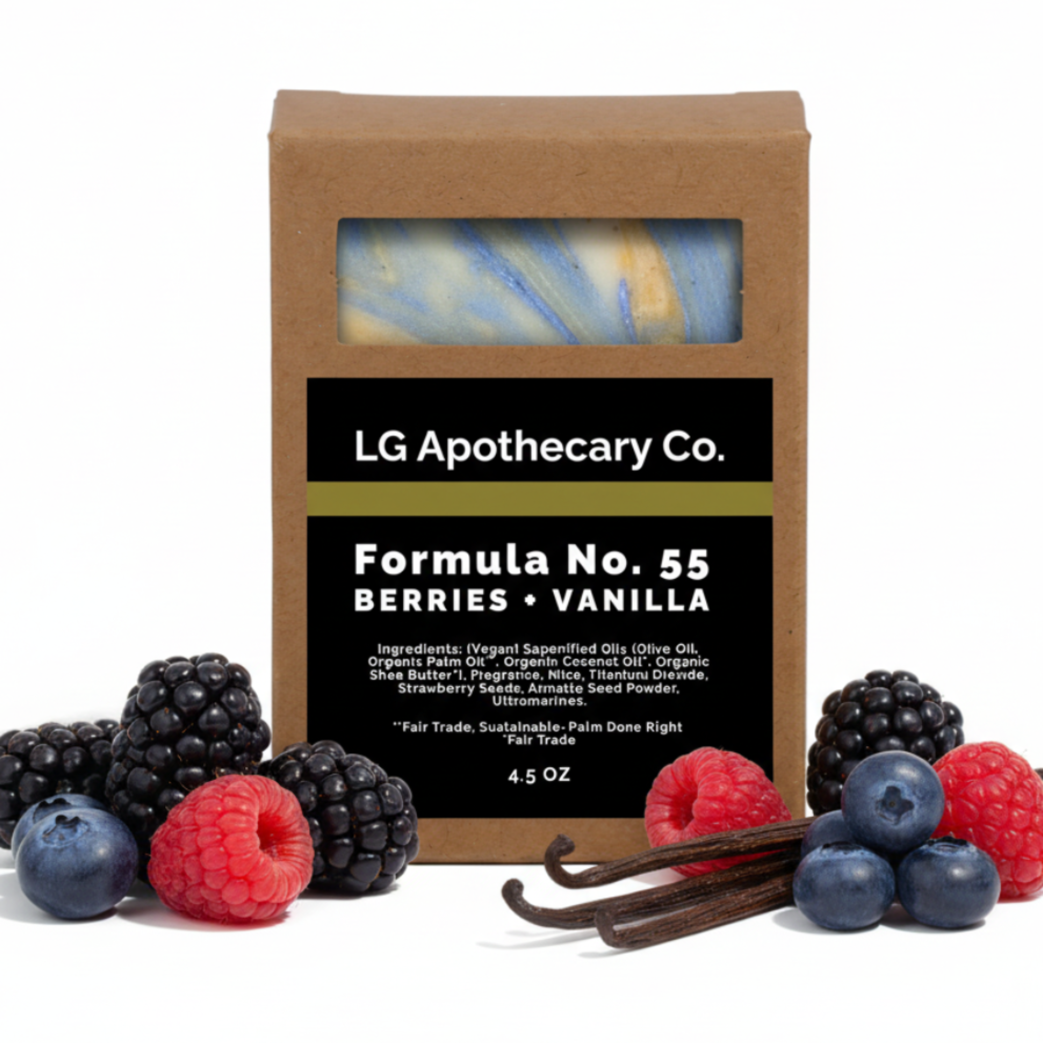 LG Apothecary Co. soap bar in packaging with berries and vanilla beans on a white background