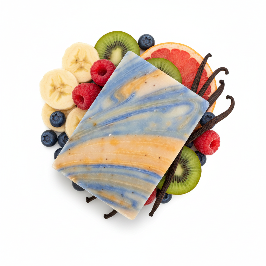 Marbled soap bar with vanilla beans, kiwi, bananas, and berries on a white background
