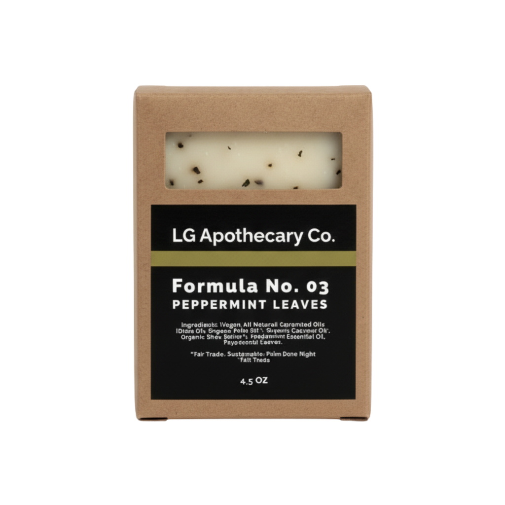Front view of Formula No. 03 Peppermint Leaves soap bar in its kraft paper box packaging on a white background.