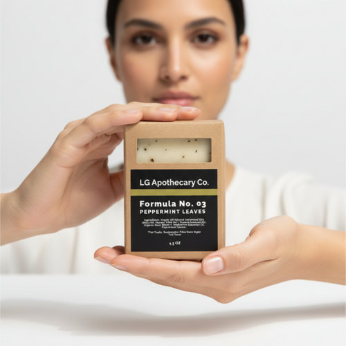 Person holding a LG Apothecary Co. product against a white background