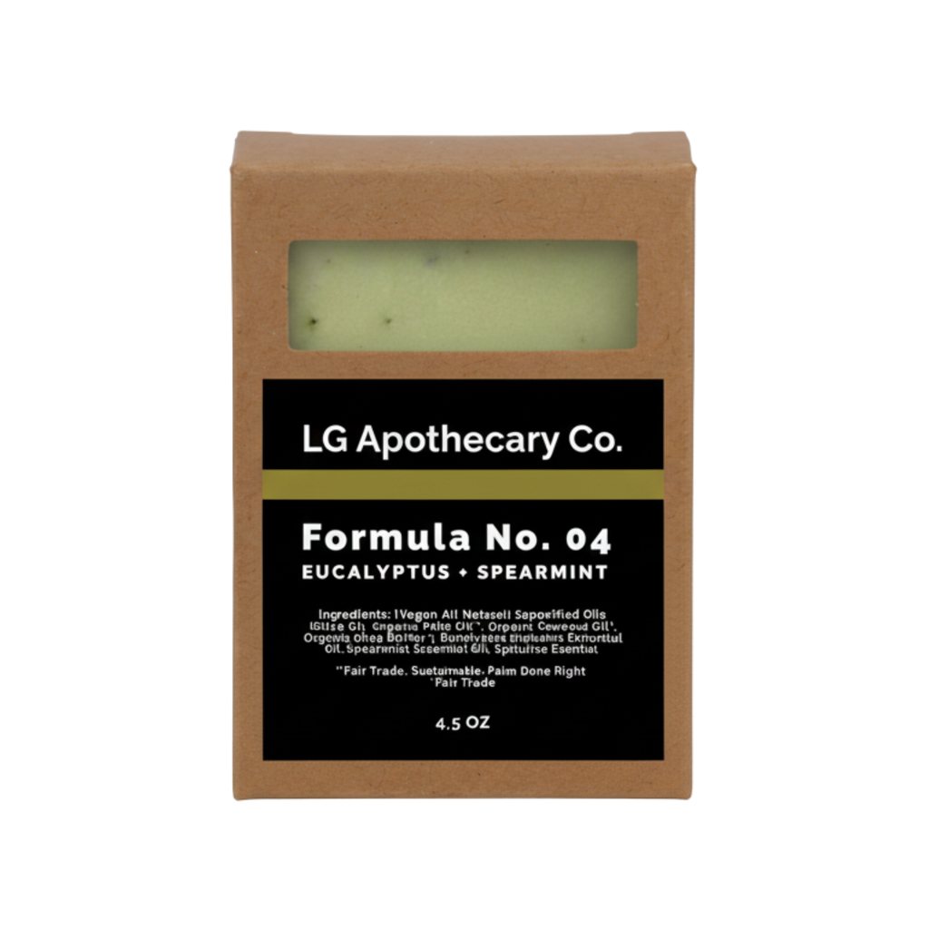 Front view of Formula No. 04 Eucalyptus + Spearmint soap bar in its kraft paper box packaging on a white background.