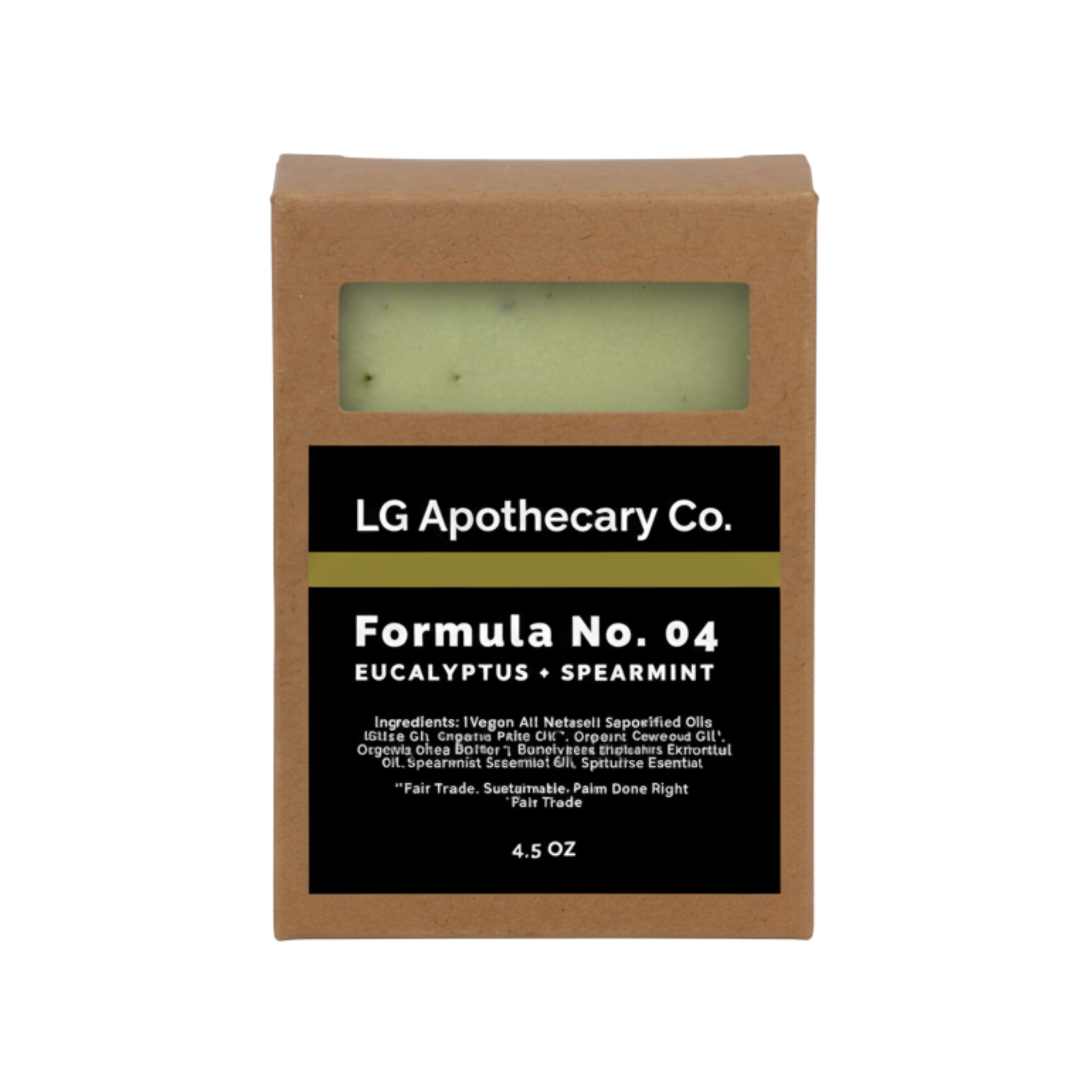 Front view of Formula No. 04 Eucalyptus + Spearmint soap bar in its kraft paper box packaging on a white background.