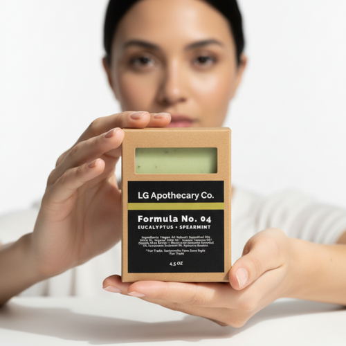 Person holding a LG Apothecary Co. product box against a white background