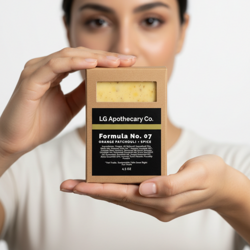 Woman holding a LG Apothecary Co. soap bar against a white background