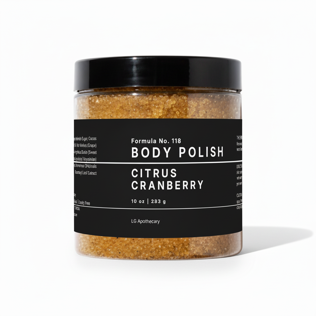 Front view of a jar of Formula No. 118 Citrus Cranberry Body Polish against a pure white background.