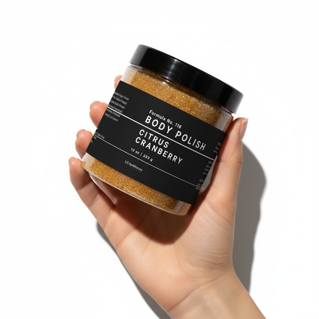 A hand holding a jar of Formula No. 118 Citrus Cranberry Body Polish against a white background with cinematic shadows.