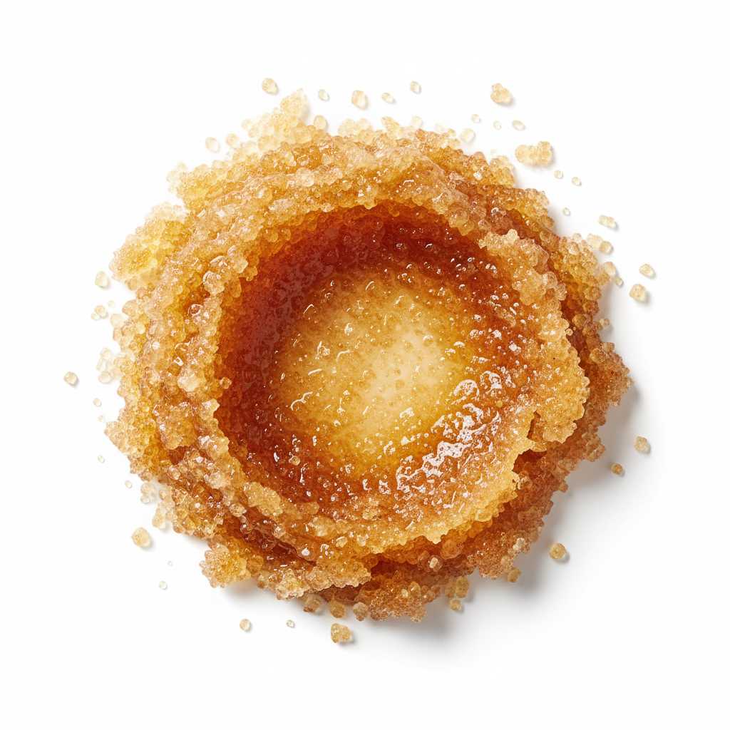 Close-up of the circular, amber-colored sugar scrub texture for Formula No. 118 Citrus Cranberry Body Polish on a white background.