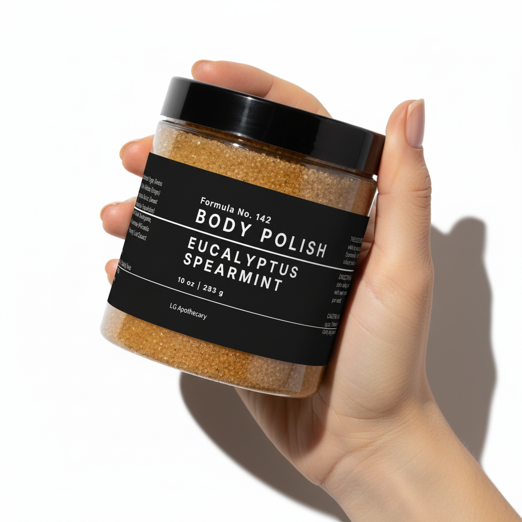 Hand holding a jar of body polish labeled 'Eucalyptus Spearmint' on a white background