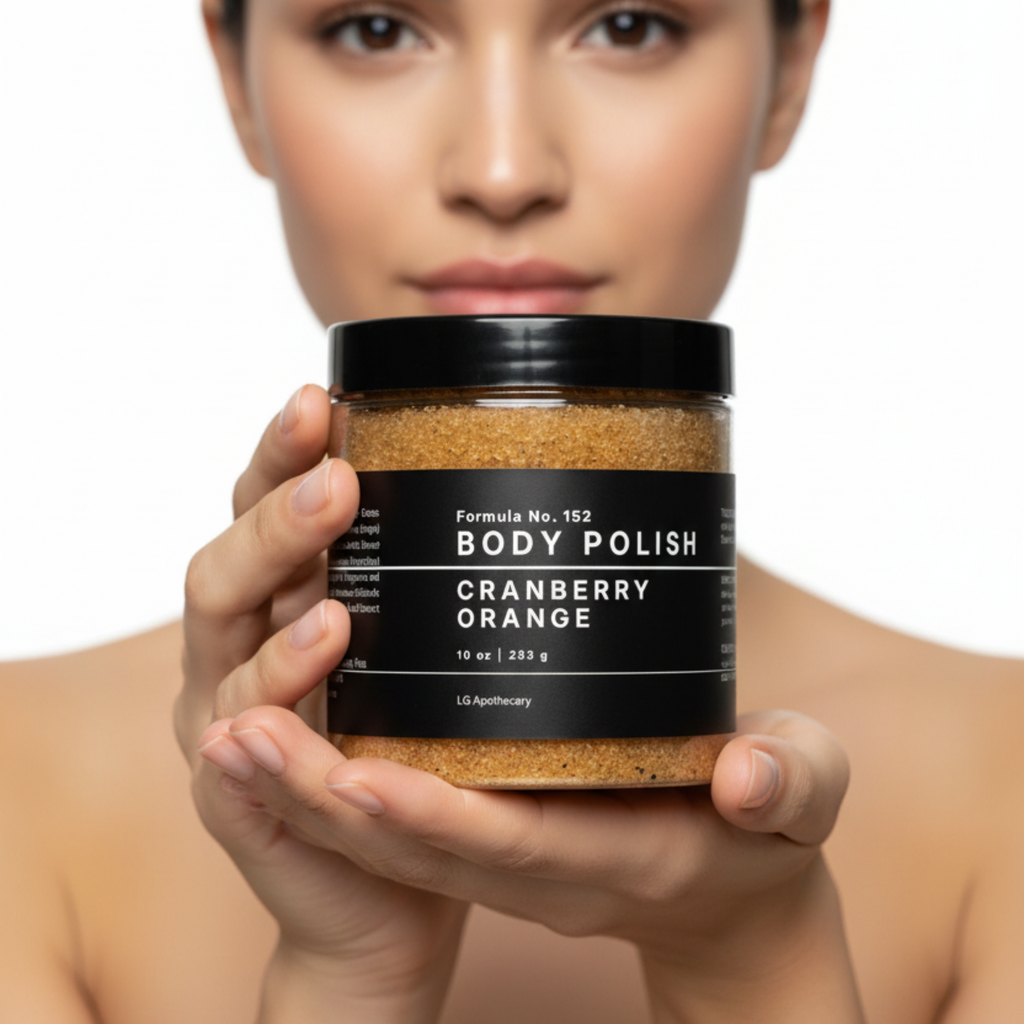 Woman holding a jar of 'Body Polish Cranberry Orange' against a neutral background