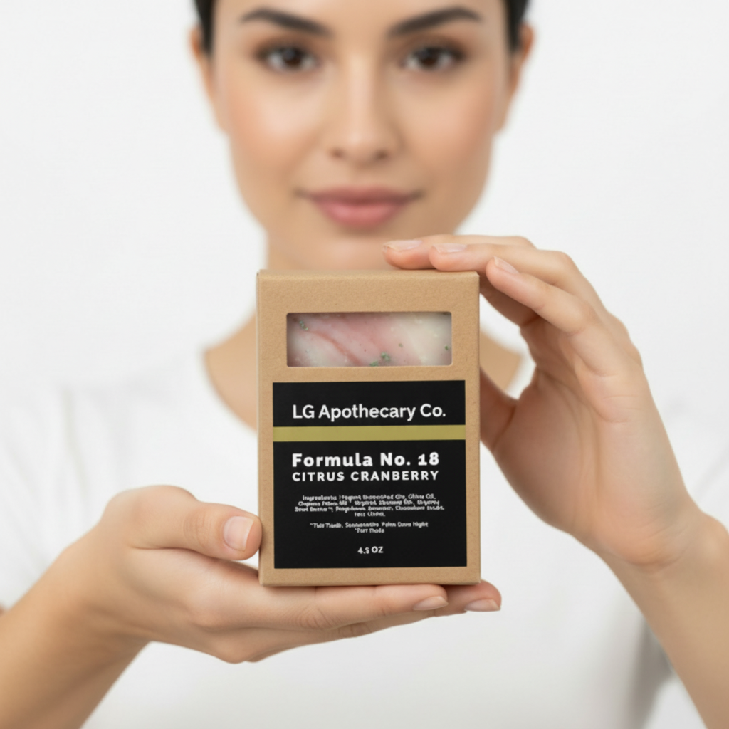 Woman holding a product packaging with 'LG Apothecary Co.' branding.