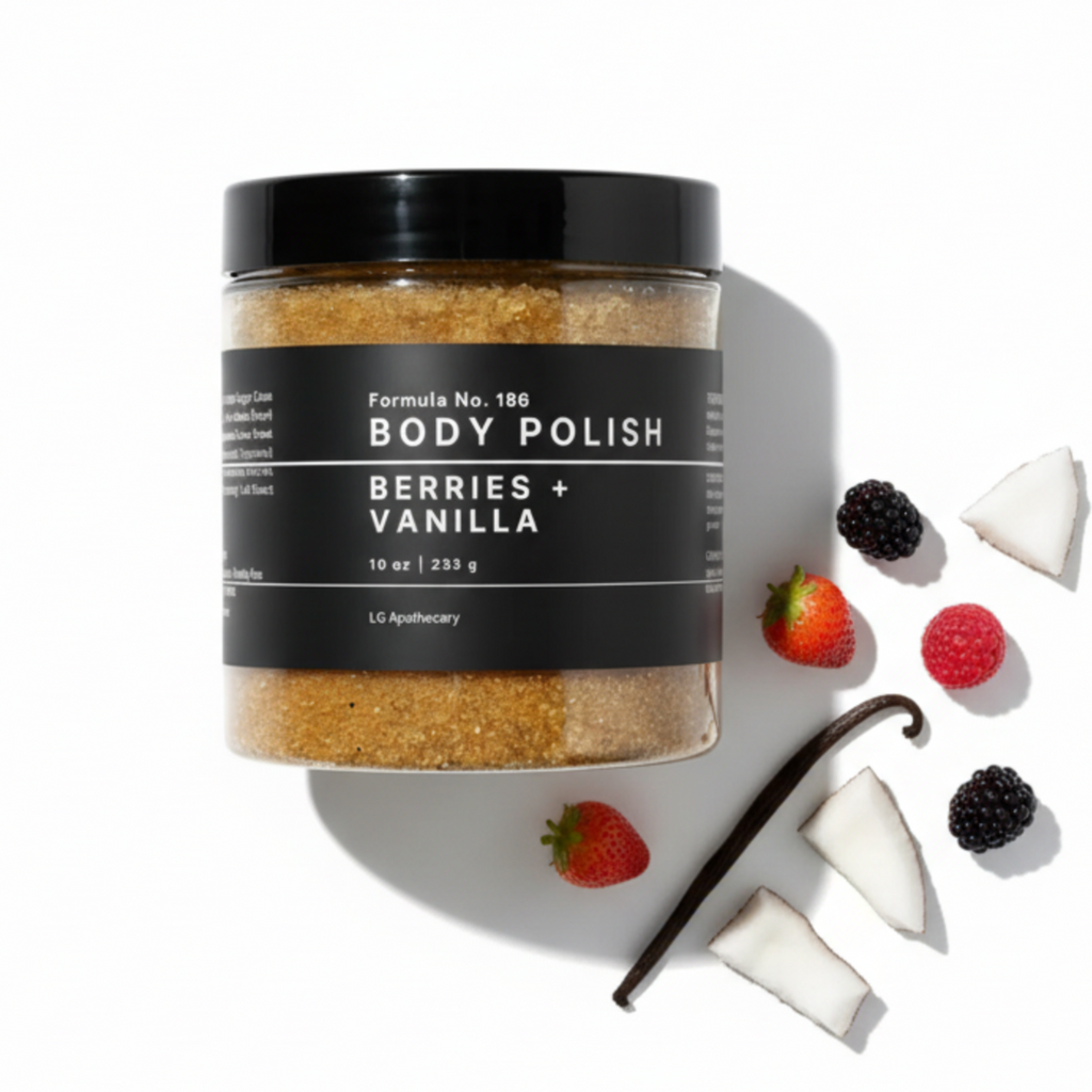 Jar of Formula No. 186 Berries + Vanilla Body Polish on white background with fresh berries and vanilla bean.