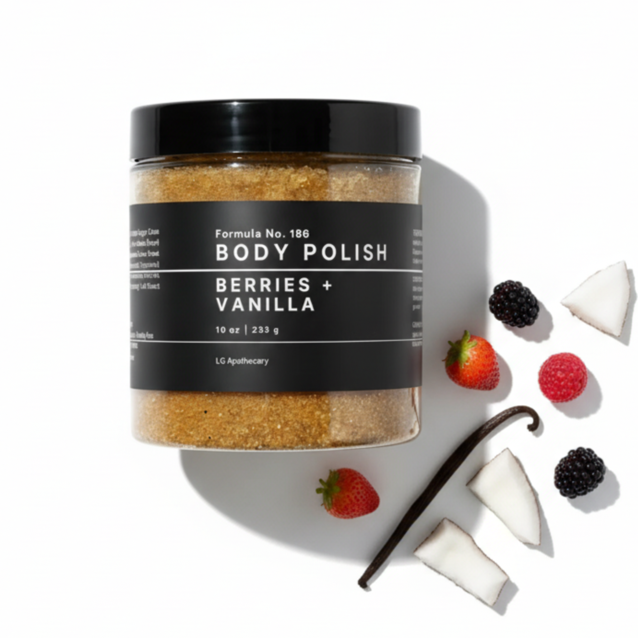 Jar of Formula No. 186 Berries + Vanilla Body Polish on white background with fresh berries and vanilla bean.