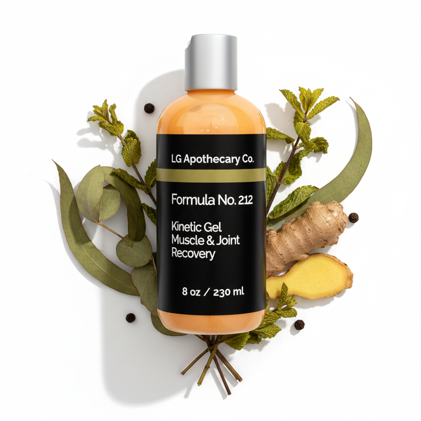Bottle of LG Apothecary Co. Formula No. 212 Kinetic Gel on a white background with green leaves and a shell.