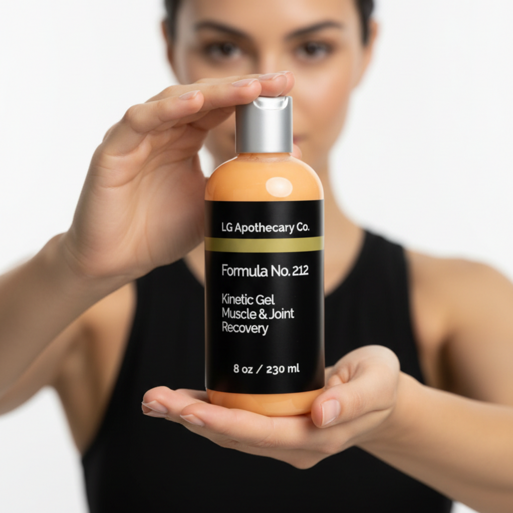 Woman holding a bottle of LG Apothecary Co. Kinetic Gel Muscle & Joint Recovery