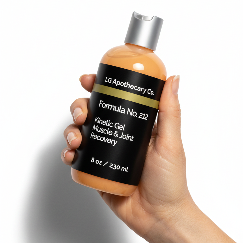 Hand holding a bottle of LG Apothecary Co. Kinetic Gel Muscle & Joint Recovery on a white background
