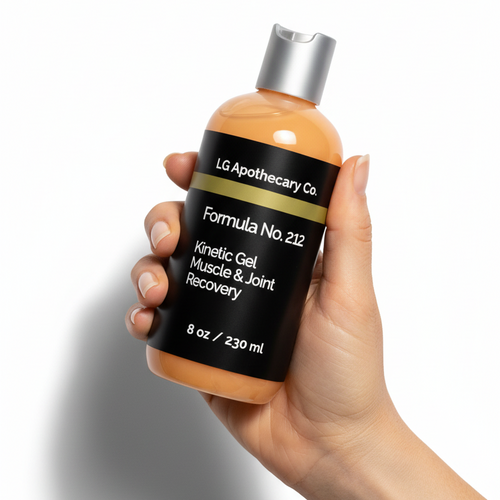 Hand holding a bottle of LG Apothecary Co. Kinetic Gel Muscle & Joint Recovery on a white background
