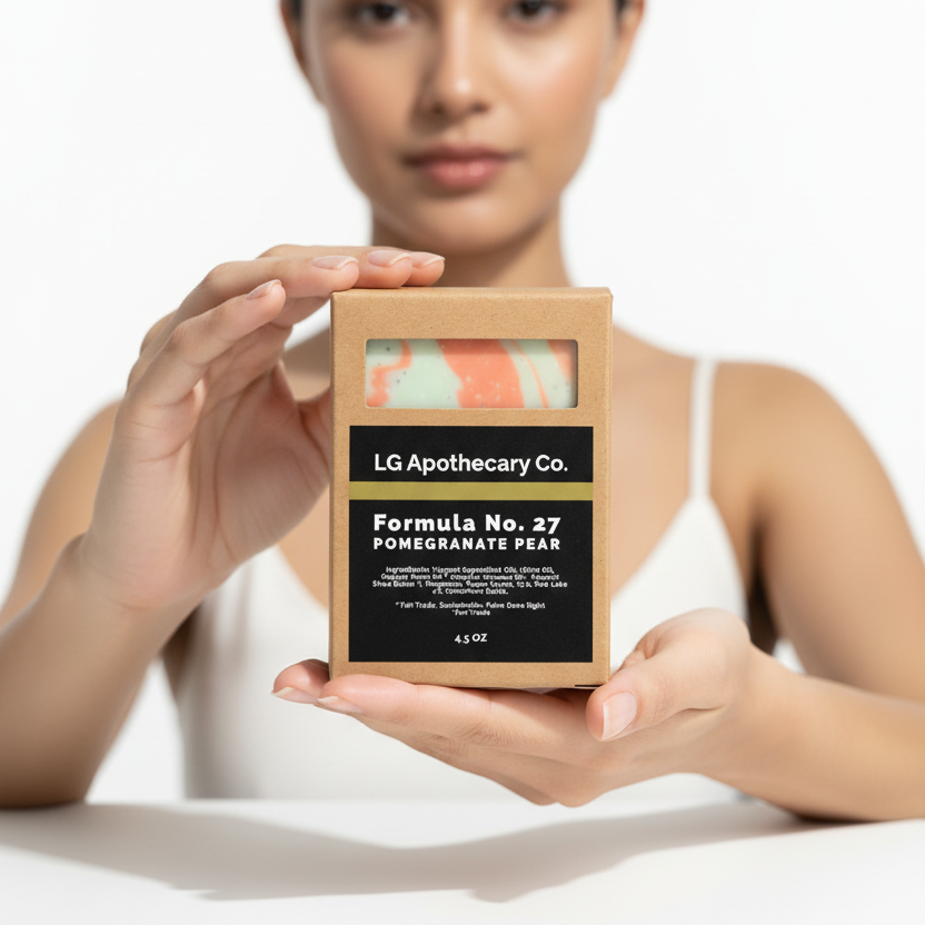 Woman holding a box of LG Apothecary Co. skincare product against a white background