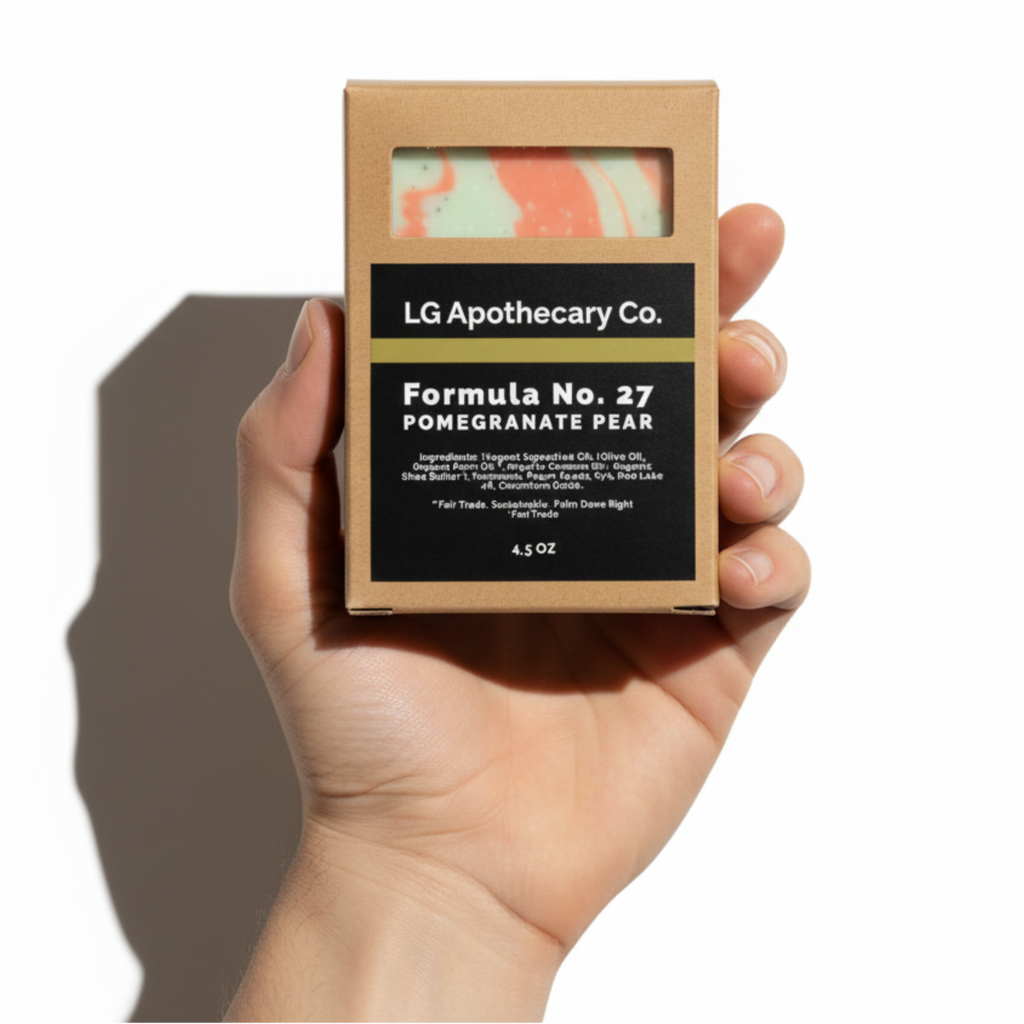 Hand holding a box of LG Apothecary Co. soap with 'Formula No. 27 Pomegranate Pear' text.