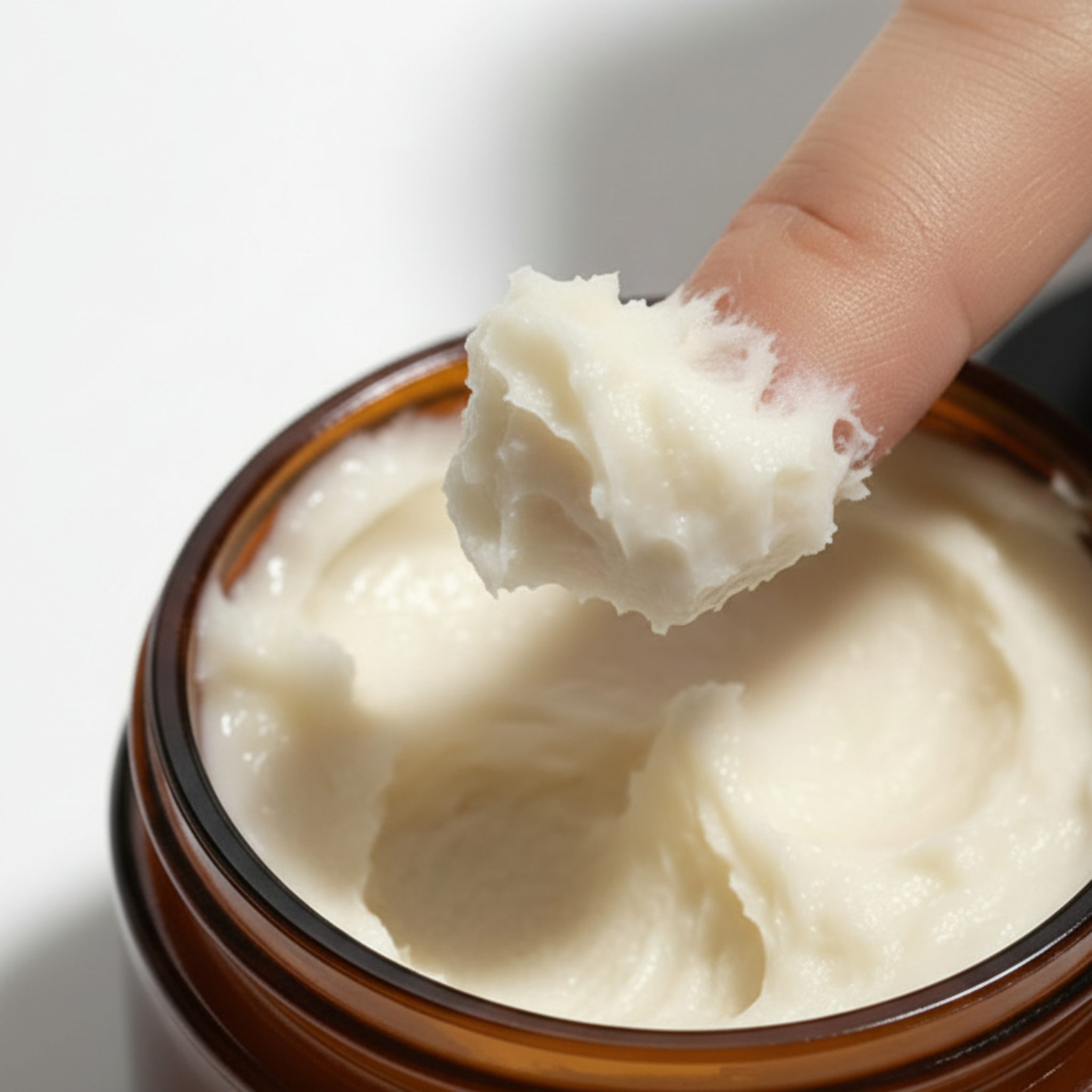 Close-up of a finger scooping thick white Formula No. 32 Restorative Foot Balm from an amber glass jar.