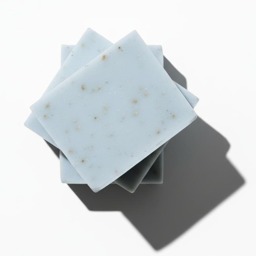 Stack of light blue napkins with gold specks on a white background