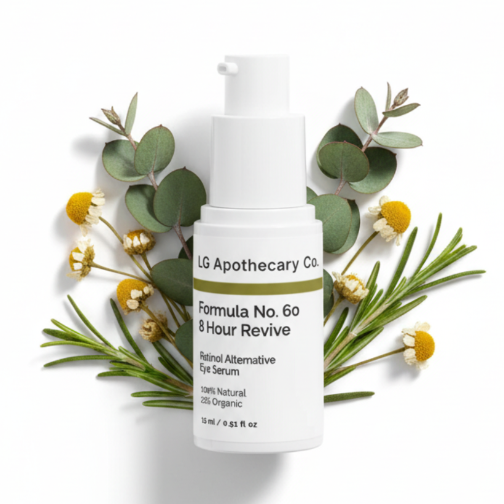 Skincare bottle with greenery on a white background