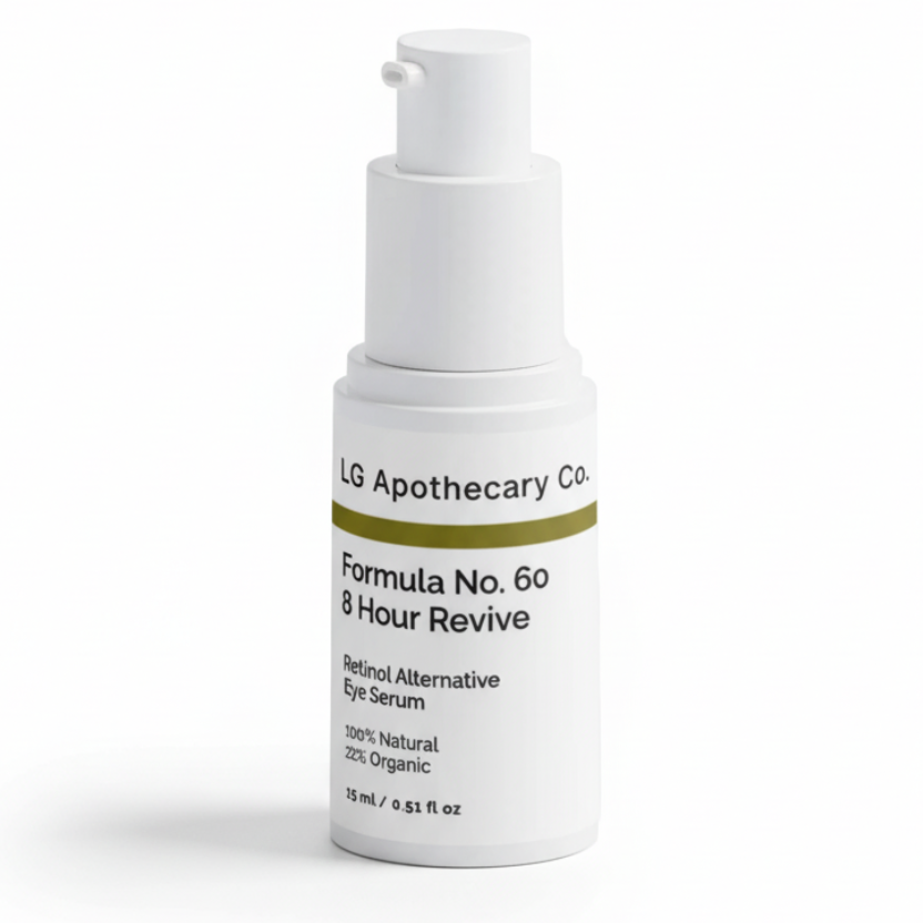 Skincare bottle labeled 'LG Apothecary Co. Formula No. 60 8-Hour Revive' on a white background