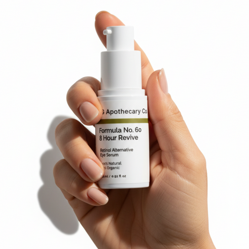 Hand holding a skincare bottle labeled 'Formula No. 60' against a white background