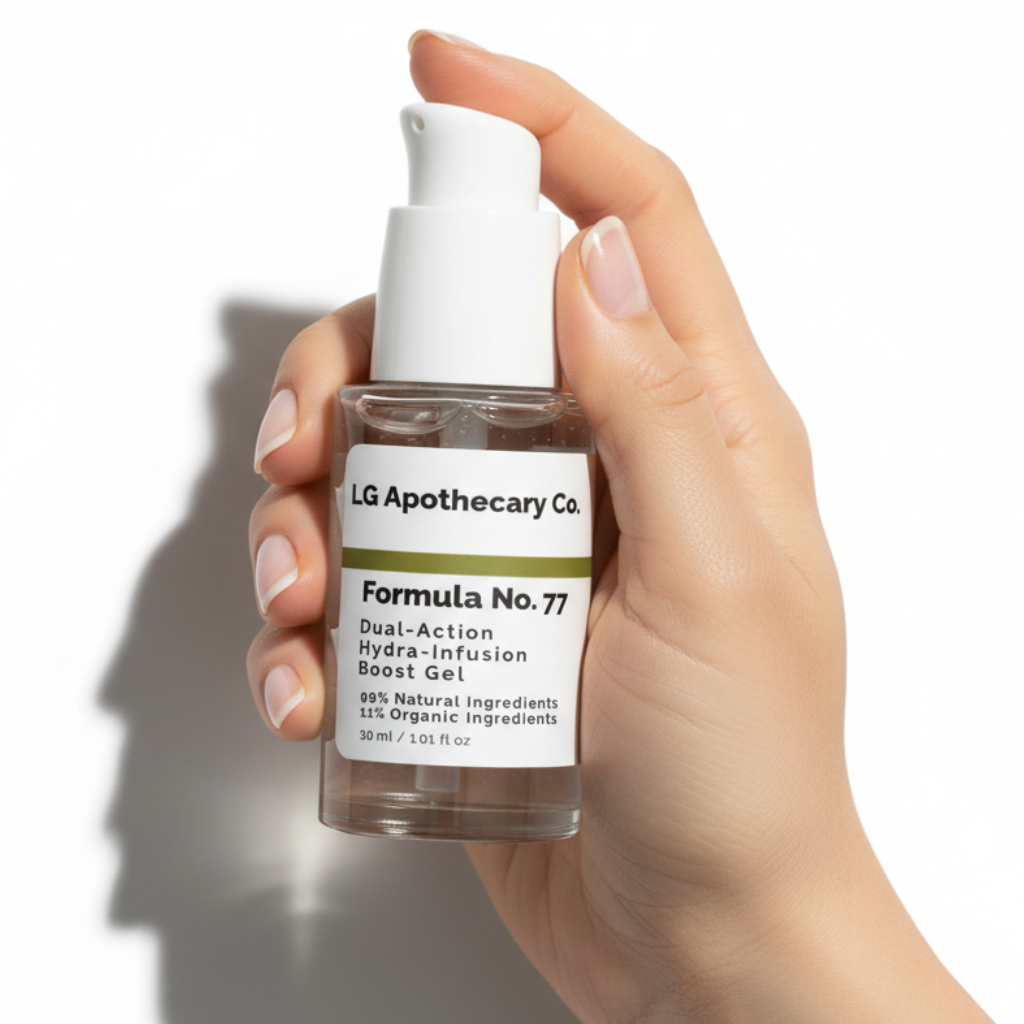 Hand holding a bottle of LG Apothecary Co. Formula No. 77 product on a white background