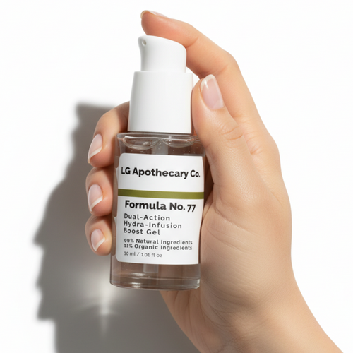 Hand holding a bottle of LG Apothecary Co. Formula No. 77 product on a white background