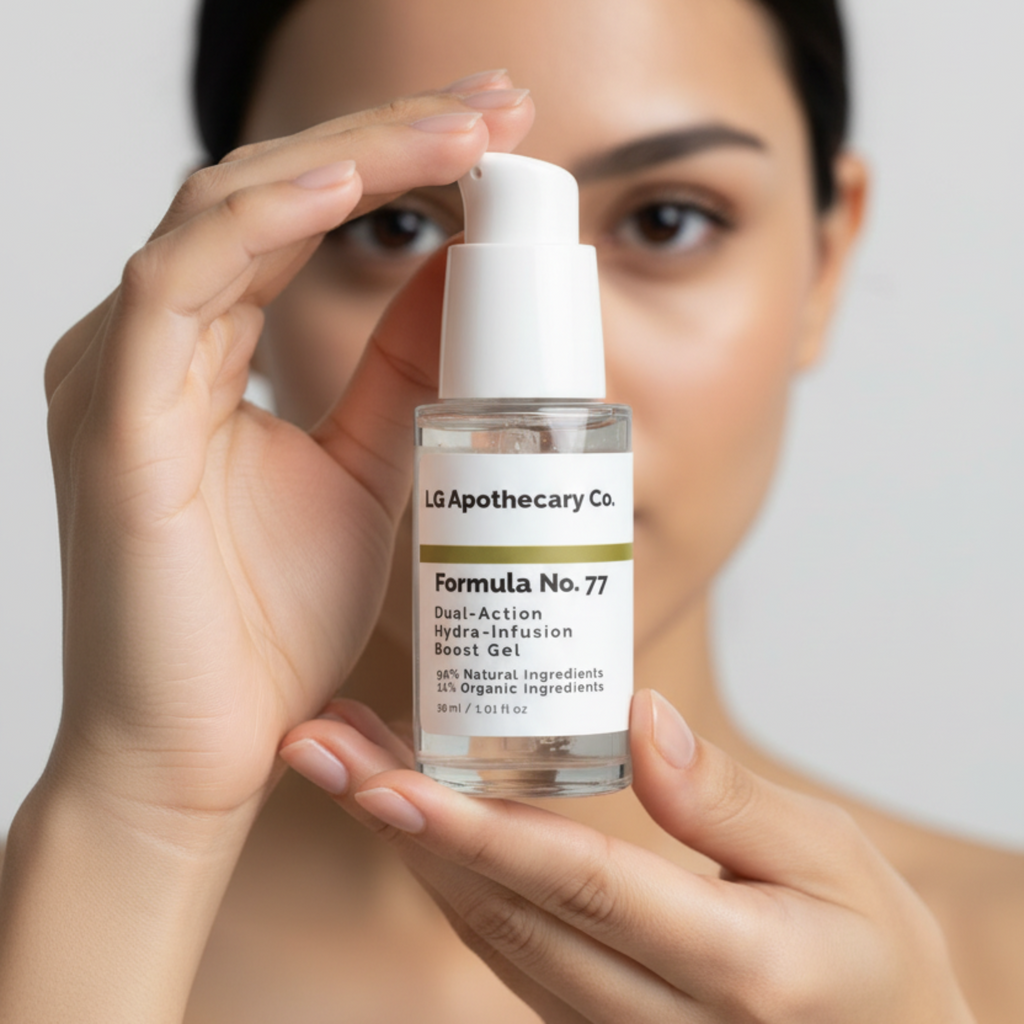 Person holding a skincare product labeled 'Formula No. 77' against a neutral background