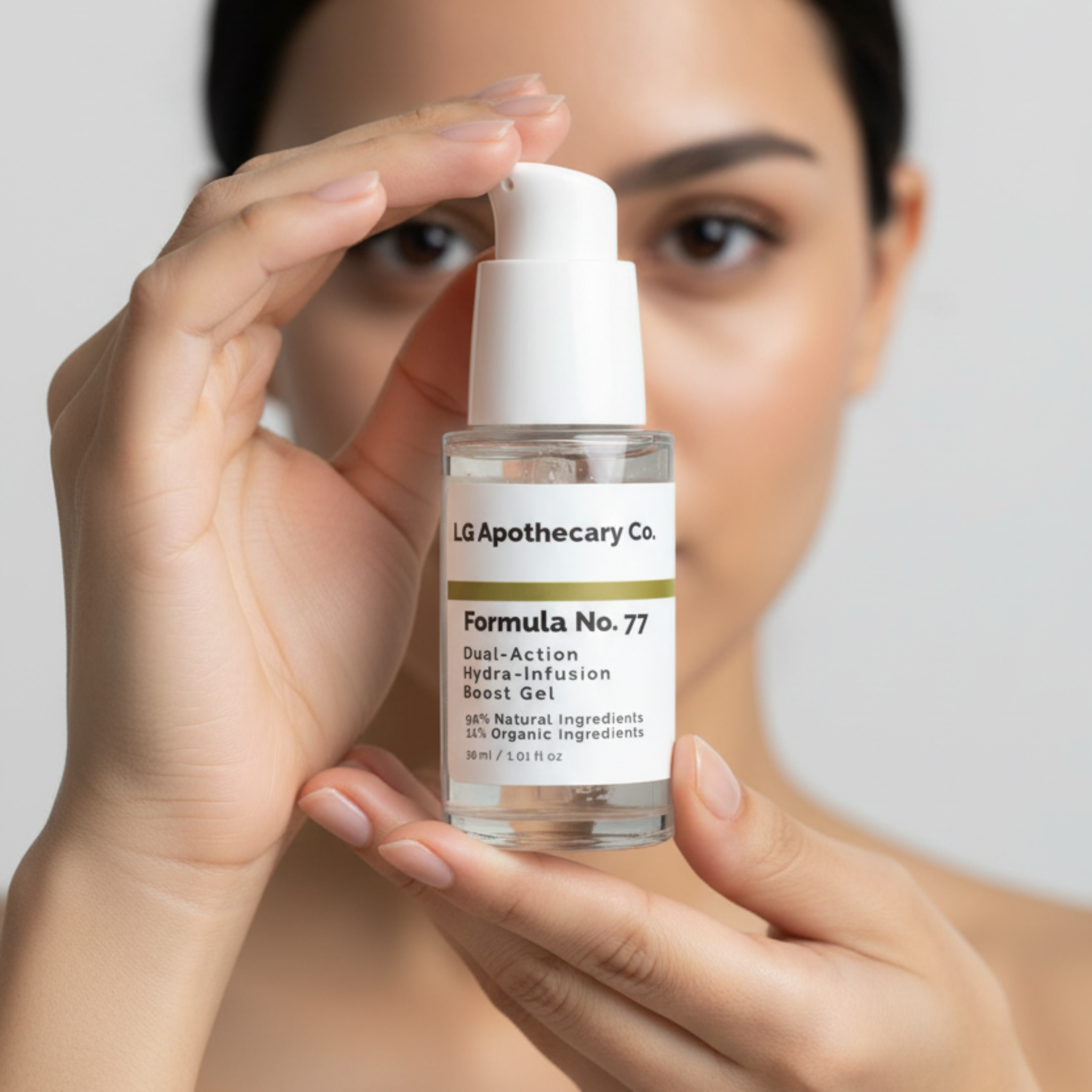 Person holding a skincare product labeled 'Formula No. 77' against a neutral background