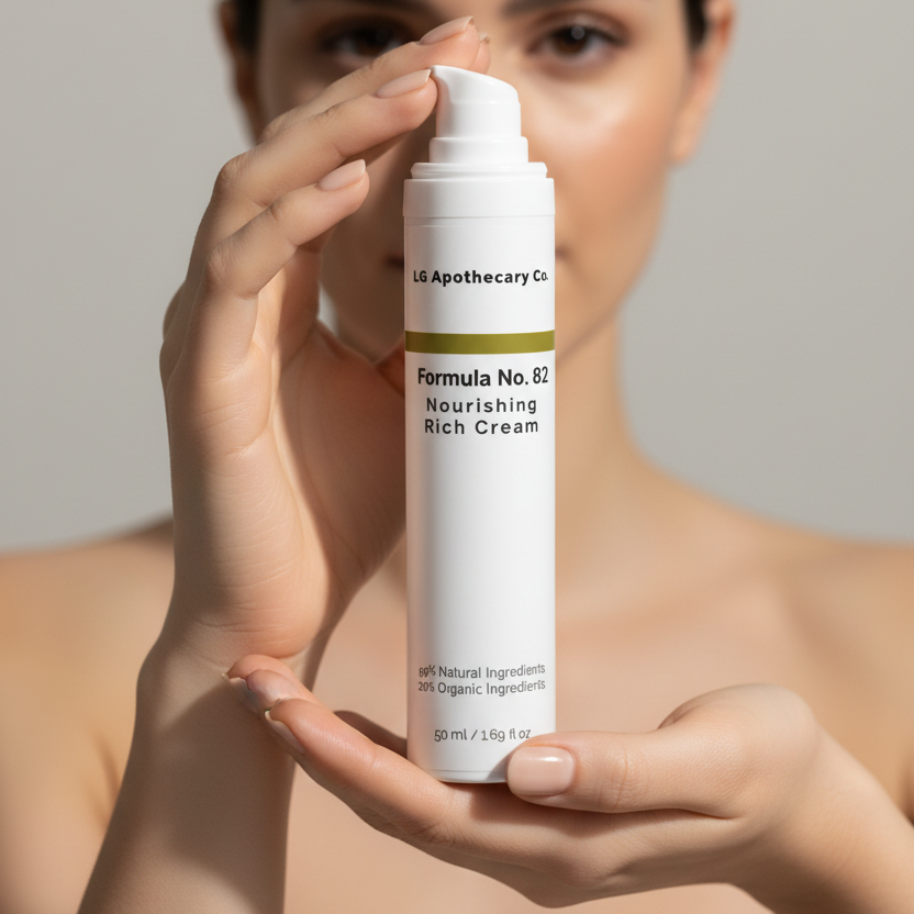 Person holding a bottle of LG Apothecary Formula No. 82 Nourishing Rich Cream against a neutral background