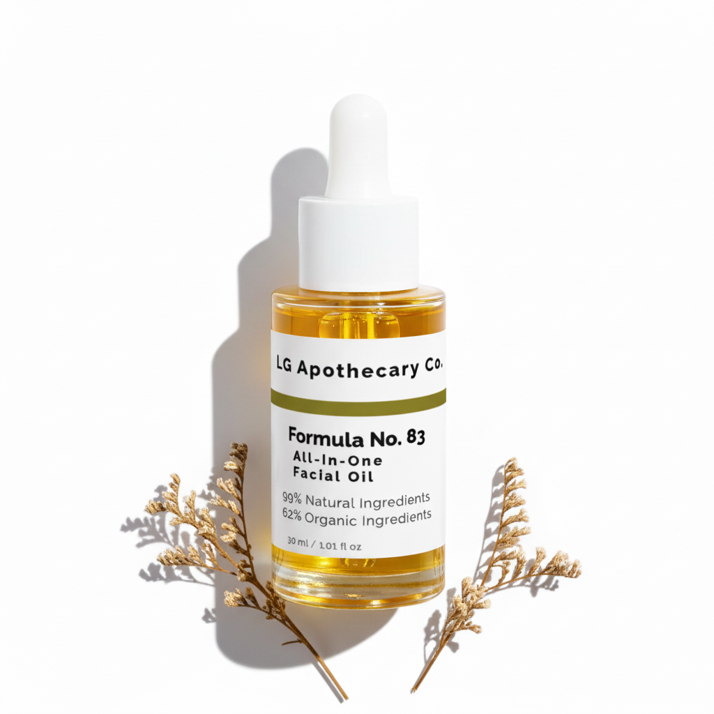 Bottle of LG Apothecary Co. All-in-One Facial Oil with dropper on a white background