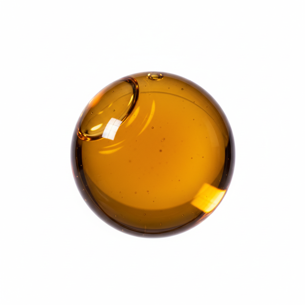 Amber-colored glass sphere on a white background