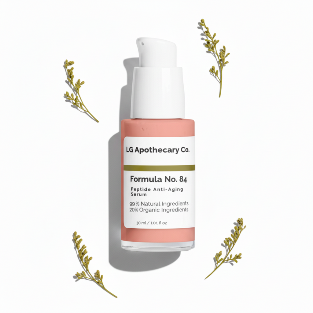 LG Apothecary Co. Formula No. 84 Peptide Anti-Aging Serum bottle on a white background with decorative elements.