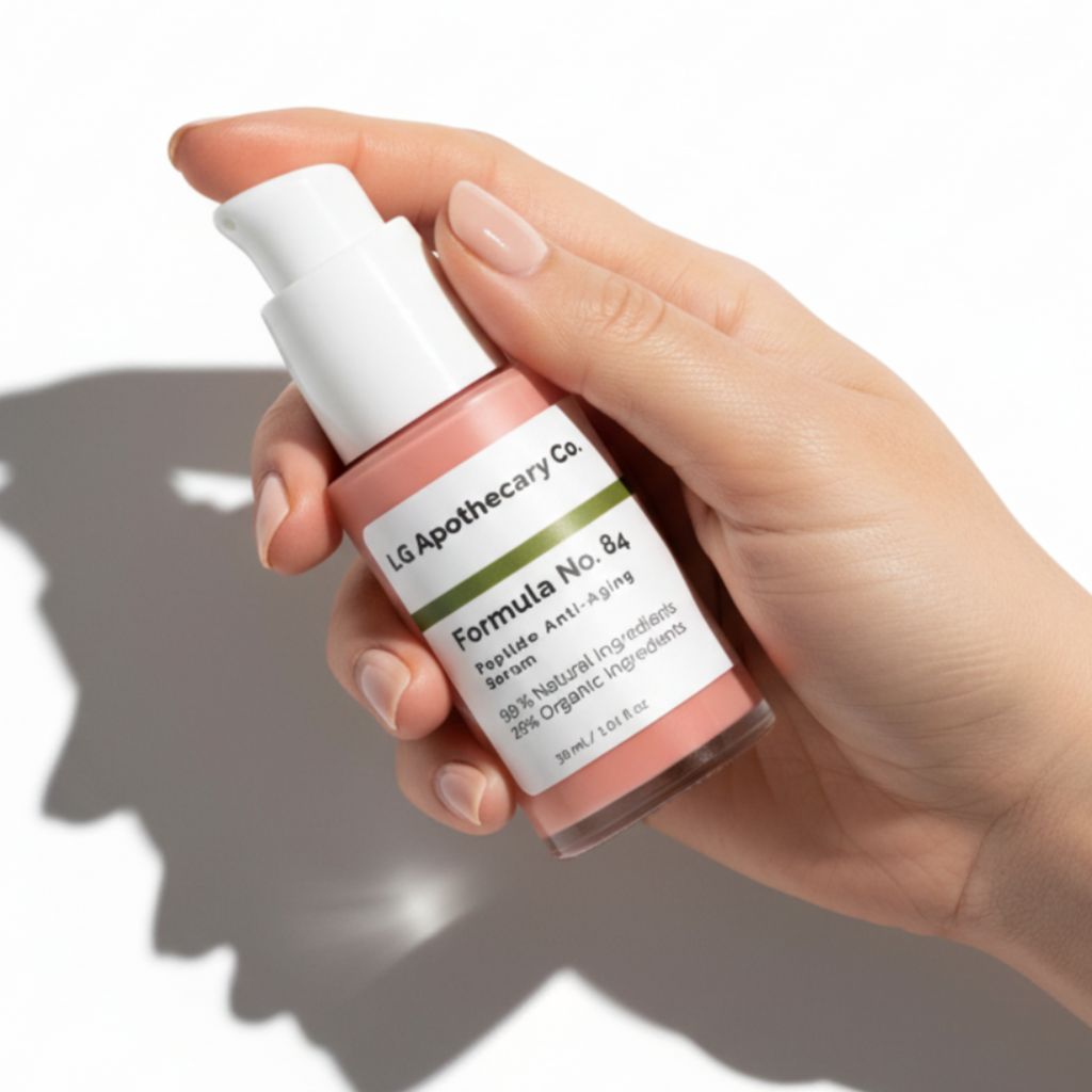 Hand holding a skincare bottle labeled 'The Apothecary Co.' on a white background